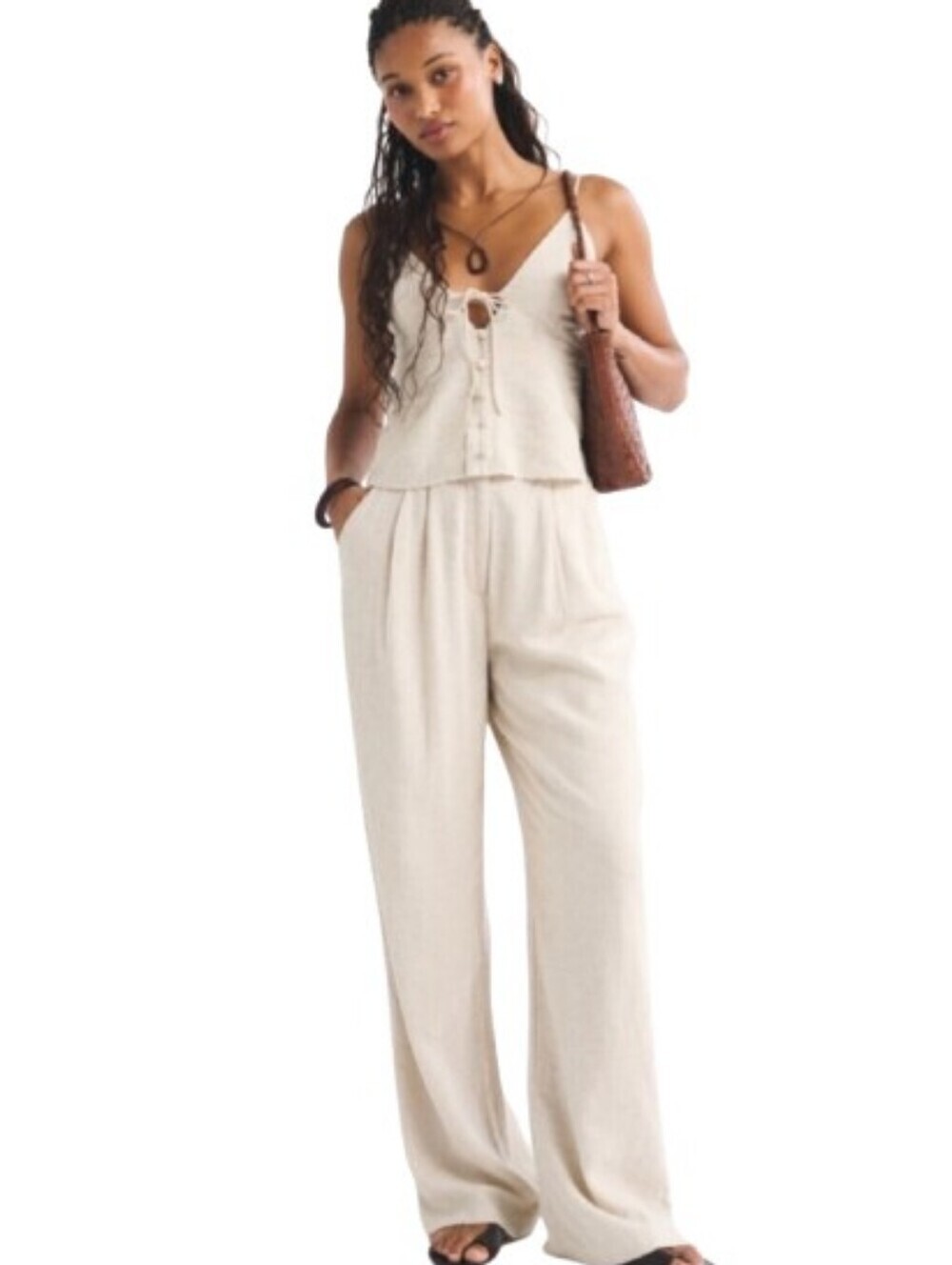 A&F Curve Love Sloane High Rise Tailored Linen Blend Wide Leg Pant Size 31 Cream